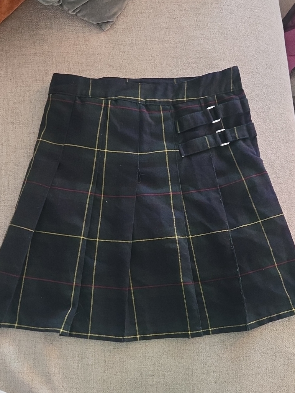 Plaid Pleated Mini Skirt with Buckle Detail - Navy/Green